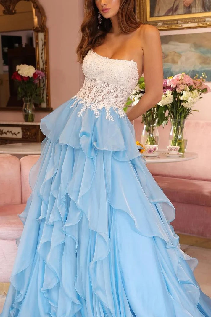 A-Line Ruffled Blue Lace Organza Long Prom Dress SH8187