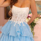 A-Line Ruffled Blue Lace Organza Long Prom Dress SH8187
