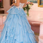 A-Line Ruffled Blue Lace Organza Long Prom Dress SH8187