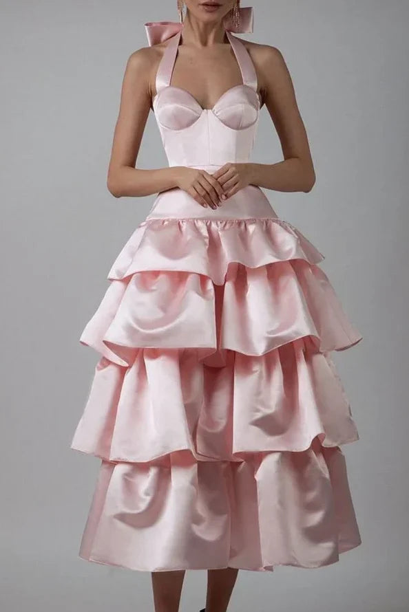 Princess Pink A Line Halter Layered Satin Long Prom Dress Evening Dress SH8195