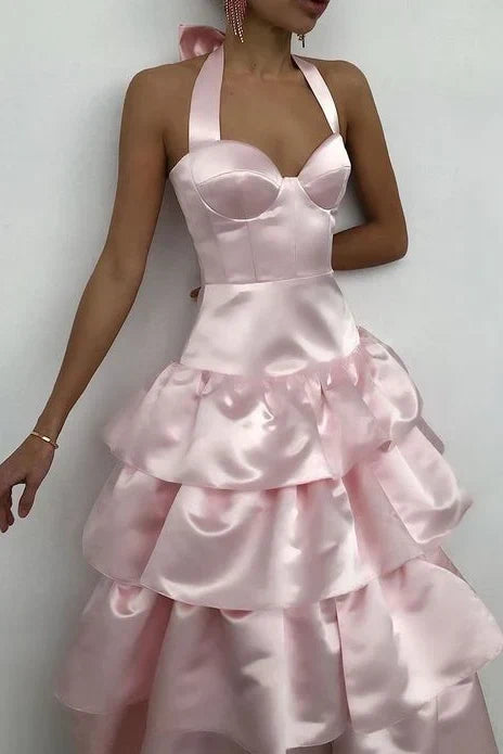 Princess Pink A Line Halter Layered Satin Long Prom Dress Evening Dress SH8195