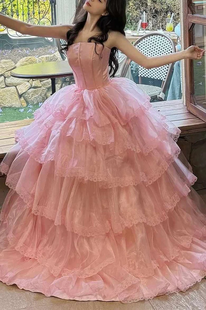 Pink Ball Gown Strapless Empire-Waist Layered Long Prom Dress Evening Dress SH8196