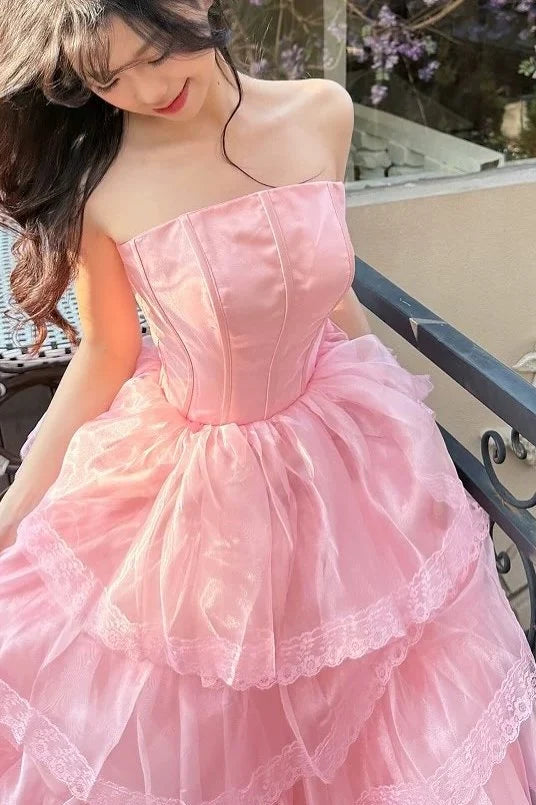 Pink Ball Gown Strapless Empire-Waist Layered Long Prom Dress Evening Dress SH8196