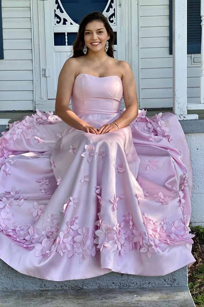 A-Line Strapless Sweetheart 3D Floral Pink Satin Long Sweep Prom Dress SH8211