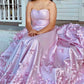 A-Line Strapless Sweetheart 3D Floral Pink Satin Long Sweep Prom Dress SH8211