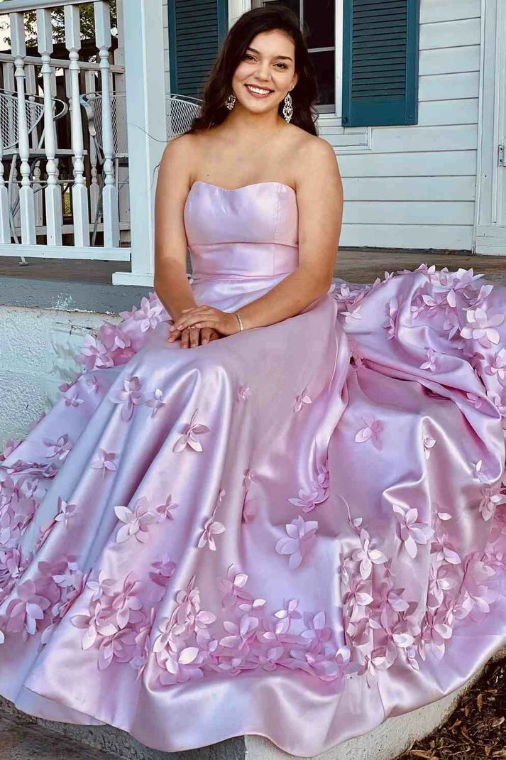 A-Line Strapless Sweetheart 3D Floral Pink Satin Long Sweep Prom Dress SH8211
