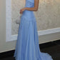 Sky Blue Satin A-Line Pleats Sleeveless Long Evening Prom Dress SH8185