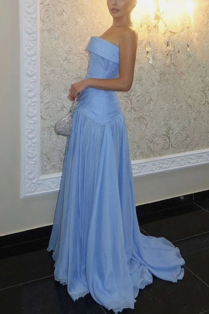 Sky Blue Satin A-Line Pleats Sleeveless Long Evening Prom Dress SH8185