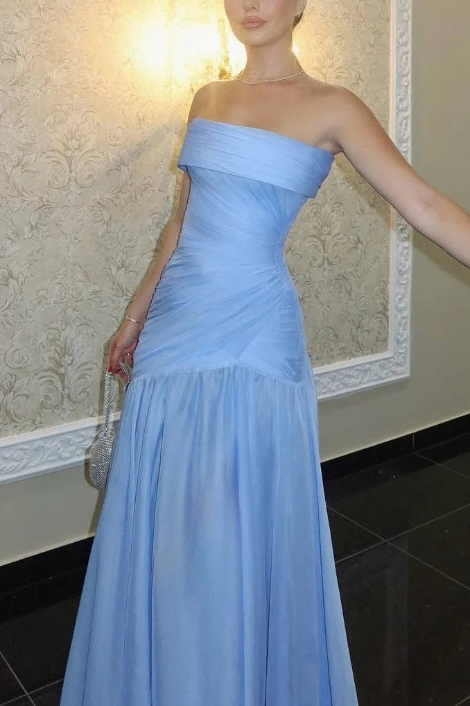 Sky Blue Satin A-Line Pleats Sleeveless Long Evening Prom Dress SH8185