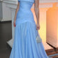Sky Blue Satin A-Line Pleats Sleeveless Long Evening Prom Dress SH8185