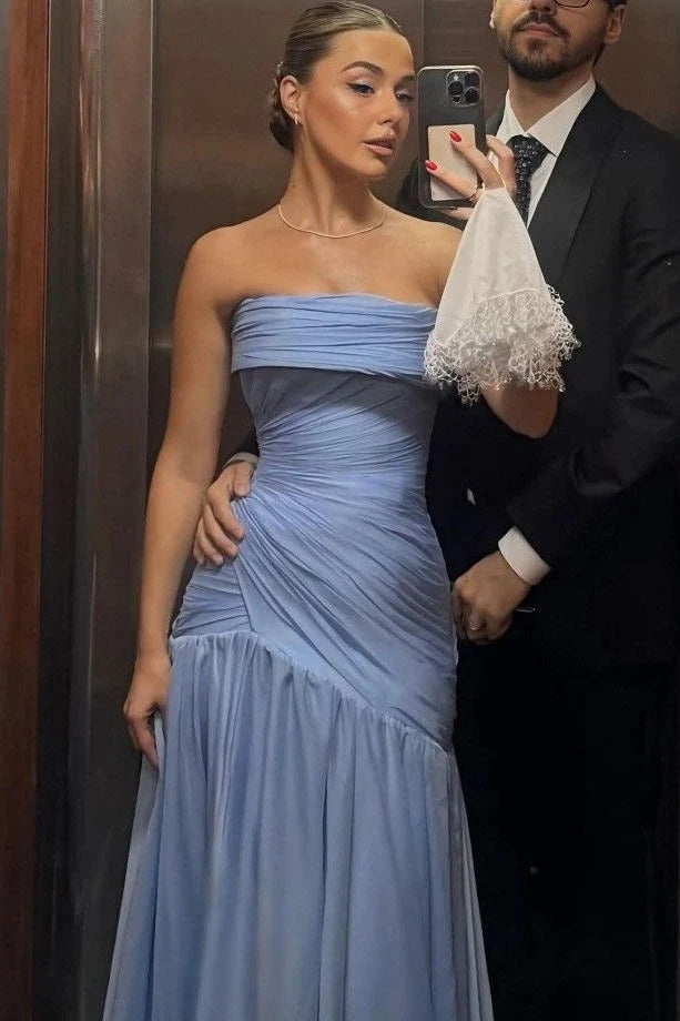 Sky Blue Satin A-Line Pleats Sleeveless Long Evening Prom Dress SH8185