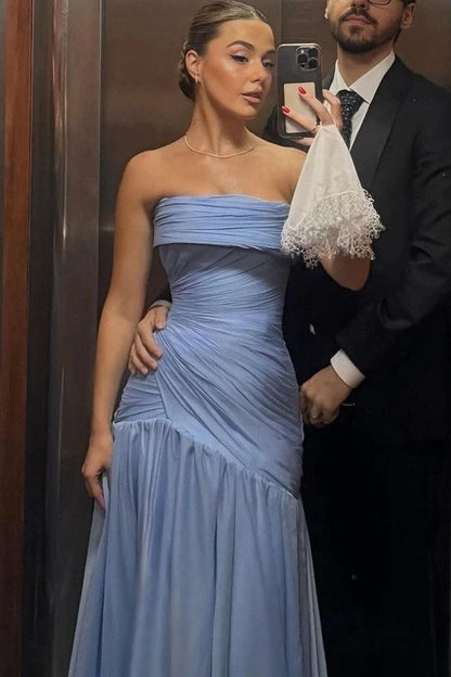 Sky Blue Satin A-Line Pleats Sleeveless Long Evening Prom Dress SH8185