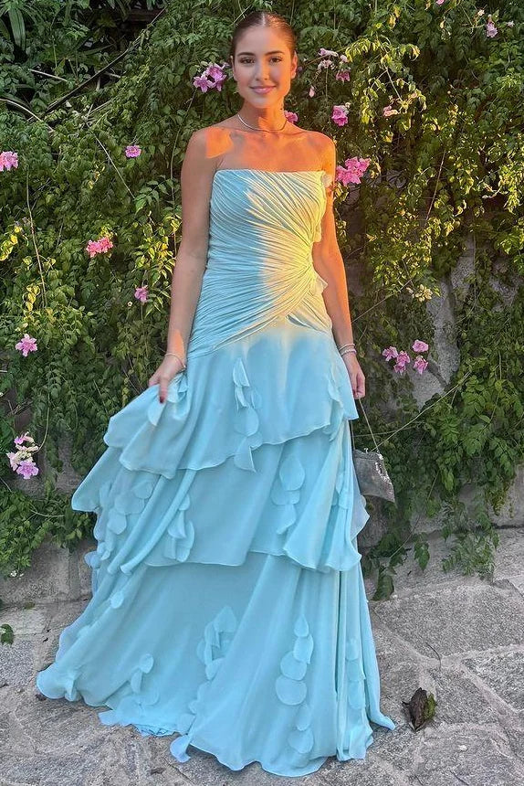 A-Line Strapless Blue Satin Chiffon Ruffles Pleats Prom Dress SH8188