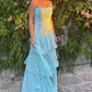 A-Line Strapless Blue Satin Chiffon Ruffles Pleats Prom Dress SH8188