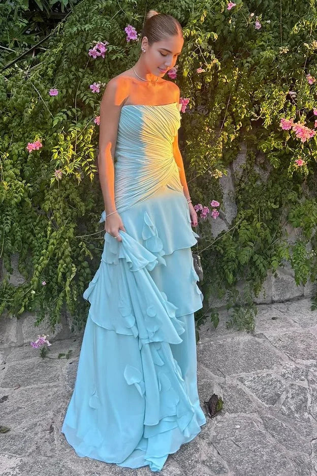 A-Line Strapless Blue Satin Chiffon Ruffles Pleats Prom Dress SH8188