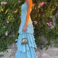 A-Line Strapless Blue Satin Chiffon Ruffles Pleats Prom Dress SH8188