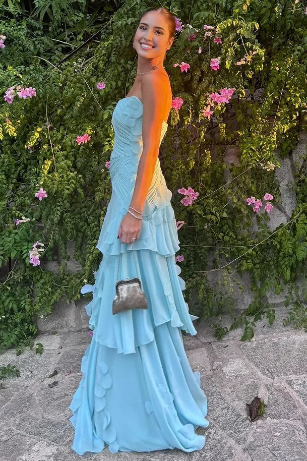 A-Line Strapless Blue Satin Chiffon Ruffles Pleats Prom Dress SH8188
