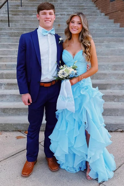 Blue V-Neck Strapless Ruffles Sleeveless Layered Organza Prom Dress SH8184