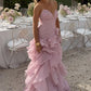 Pink V-Neck Strapless Ruffles Sleeveless Layered Organza Prom Dress SH8183