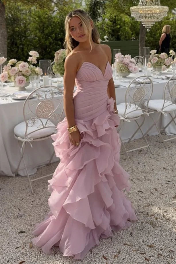 Pink V-Neck Strapless Ruffles Sleeveless Layered Organza Prom Dress SH8183