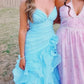 Blue V-Neck Strapless Ruffles Sleeveless Layered Organza Prom Dress SH8184