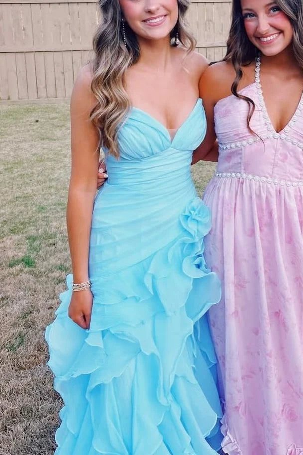 Blue V-Neck Strapless Ruffles Sleeveless Layered Organza Prom Dress SH8184