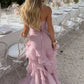 Pink V-Neck Strapless Ruffles Sleeveless Layered Organza Prom Dress SH8183