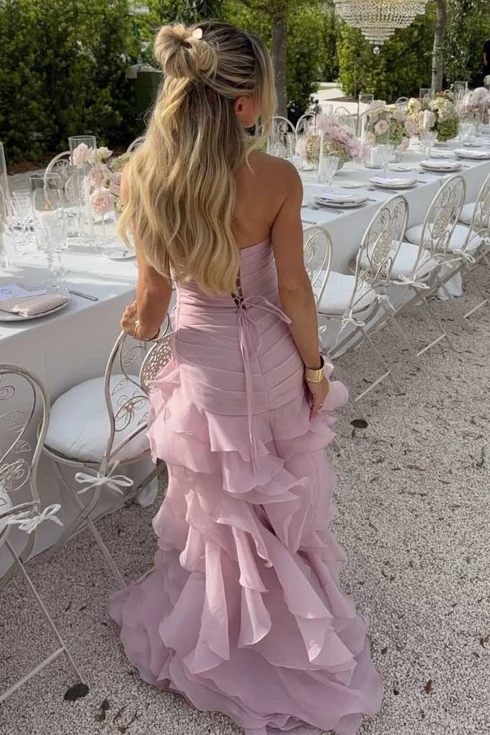 Pink V-Neck Strapless Ruffles Sleeveless Layered Organza Prom Dress SH8183