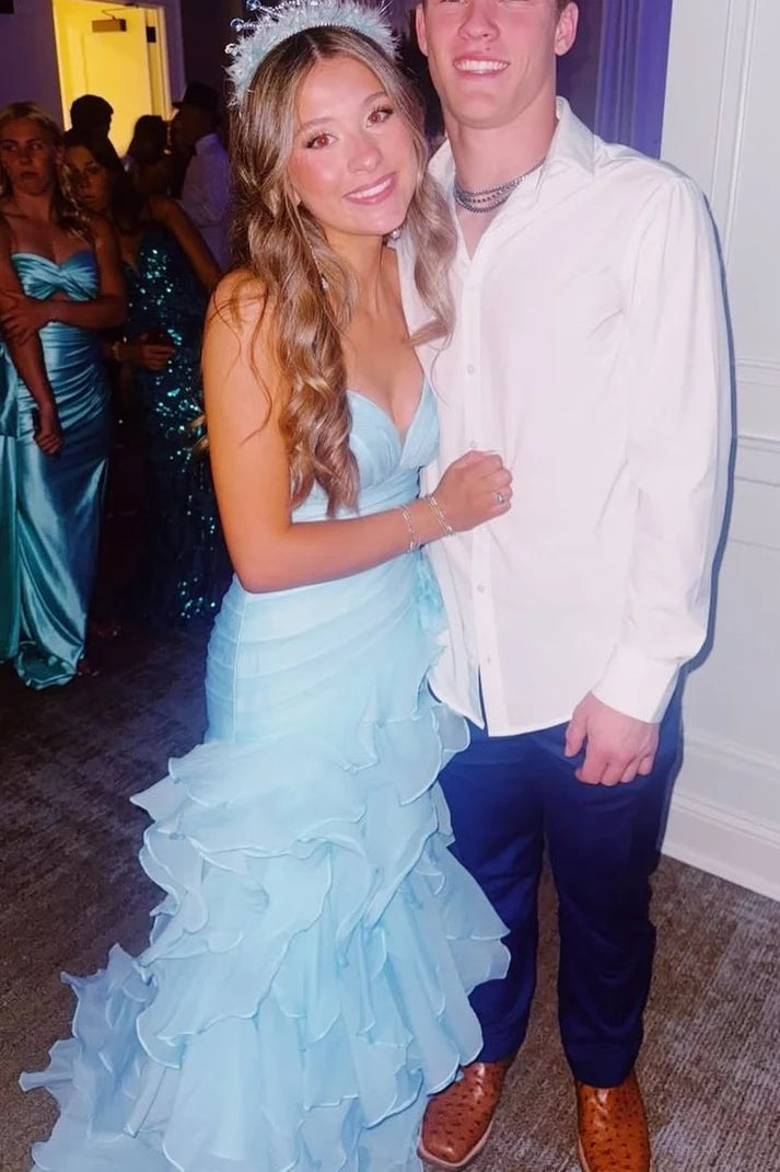 Blue V-Neck Strapless Ruffles Sleeveless Layered Organza Prom Dress SH8184
