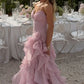 Pink V-Neck Strapless Ruffles Sleeveless Layered Organza Prom Dress SH8183