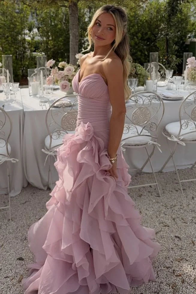 Pink V-Neck Strapless Ruffles Sleeveless Layered Organza Prom Dress SH8183