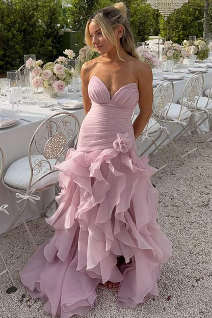 Pink V-Neck Strapless Ruffles Sleeveless Layered Organza Prom Dress SH8183