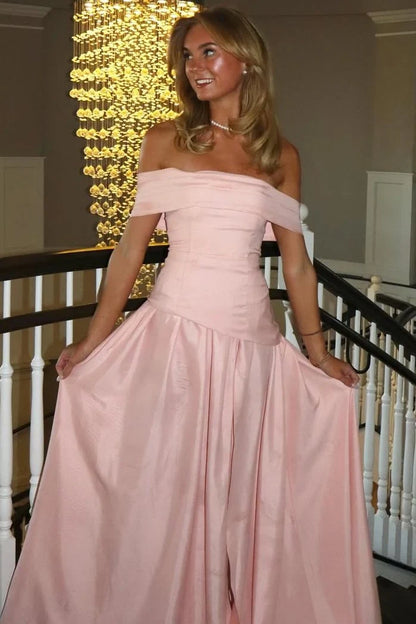 Pink Off-Shoulder A-Line Pleats Satin Long Formal Party Prom Dress SH8210