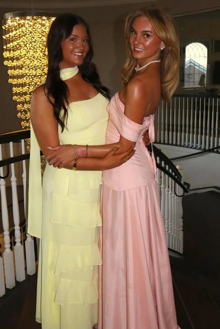 Pink Off-Shoulder A-Line Pleats Satin Long Formal Party Prom Dress SH8210