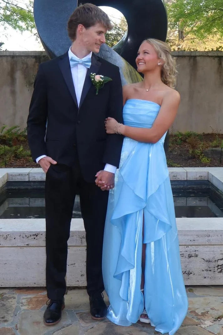 Blue Strapless A-Line Ruffles Empire-Waist Sleeveless Prom Dress SH8181