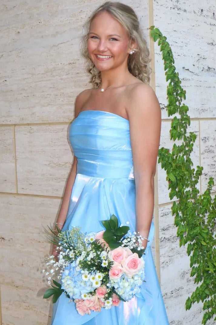 Blue Strapless A-Line Ruffles Empire-Waist Sleeveless Prom Dress SH8181