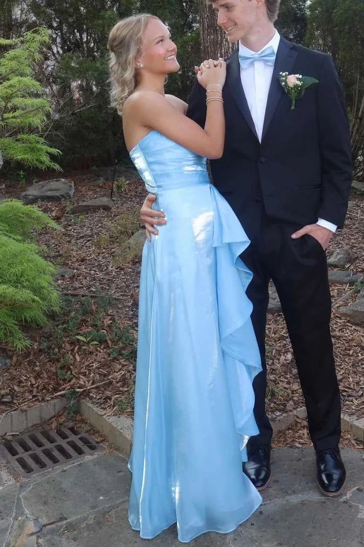 Blue Strapless A-Line Ruffles Empire-Waist Sleeveless Prom Dress SH8181