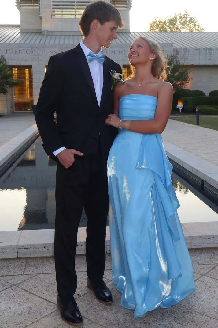 Blue Strapless A-Line Ruffles Empire-Waist Sleeveless Prom Dress SH8181