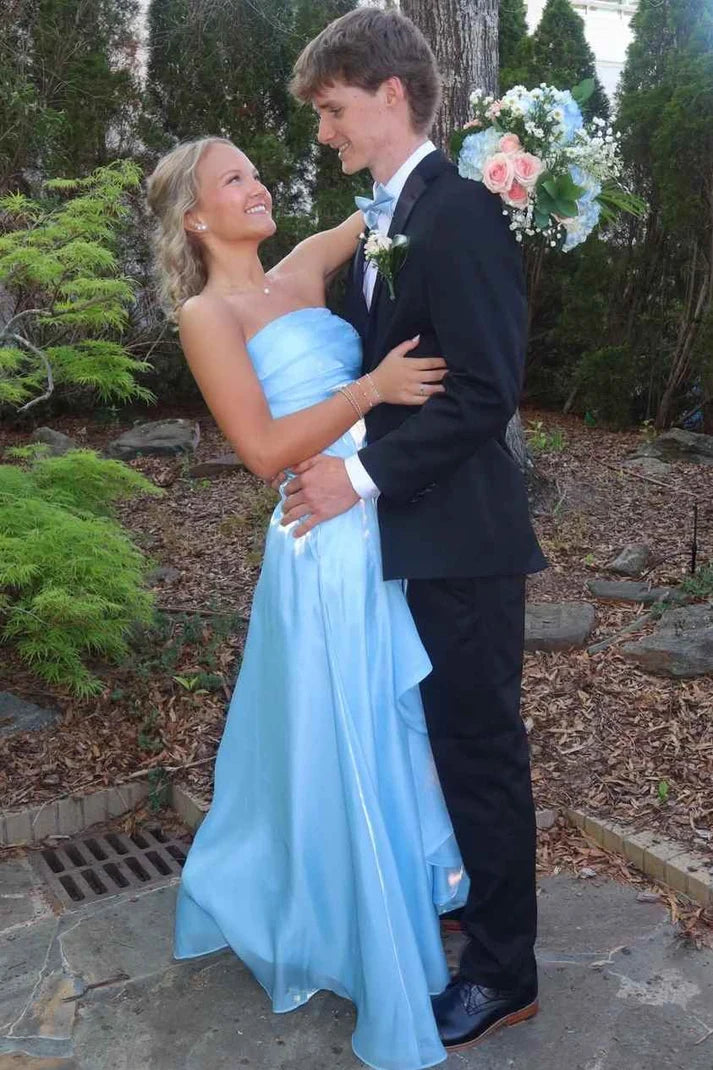 Blue Strapless A-Line Ruffles Empire-Waist Sleeveless Prom Dress SH8181