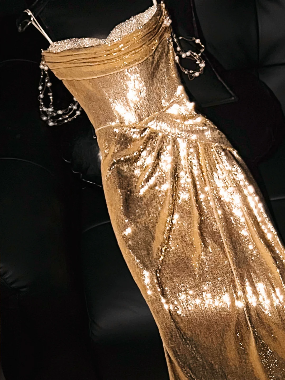 Shiny A Line Sweetheart Neck Beaded Pearl Gold Sequin Prom Dress Party Dress SH3235