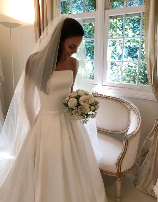 Simple Classic A Line Strapless White Satin Long Wedding Dress SH5306