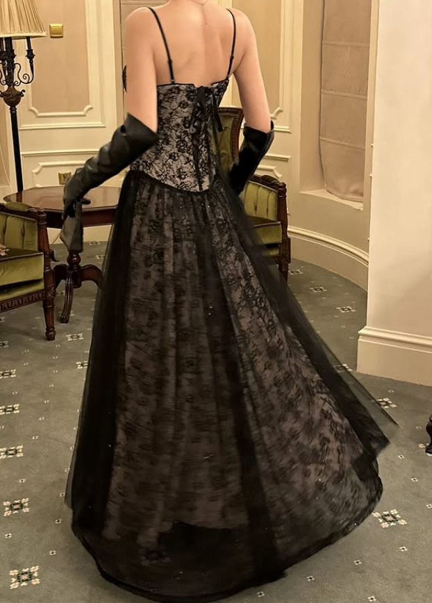 Sexy Black A Line Spaghetti Straps Lace Prom Dress Evening Dress Date Dress SH5643
