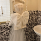 White Bow A Line Strapless Beaded Lace Satin Short Homecoming Dress Birthday Dress SH3859