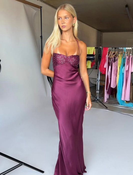 Grape Purple Spaghetti Strap Sequin Satin Open Back Prom Dress Party Dress SH4013