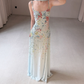 Ethereal Baby Blue A Line Spaghetti Strap Beaded Chiffon Long Prom Dress Evening Dress SH7707