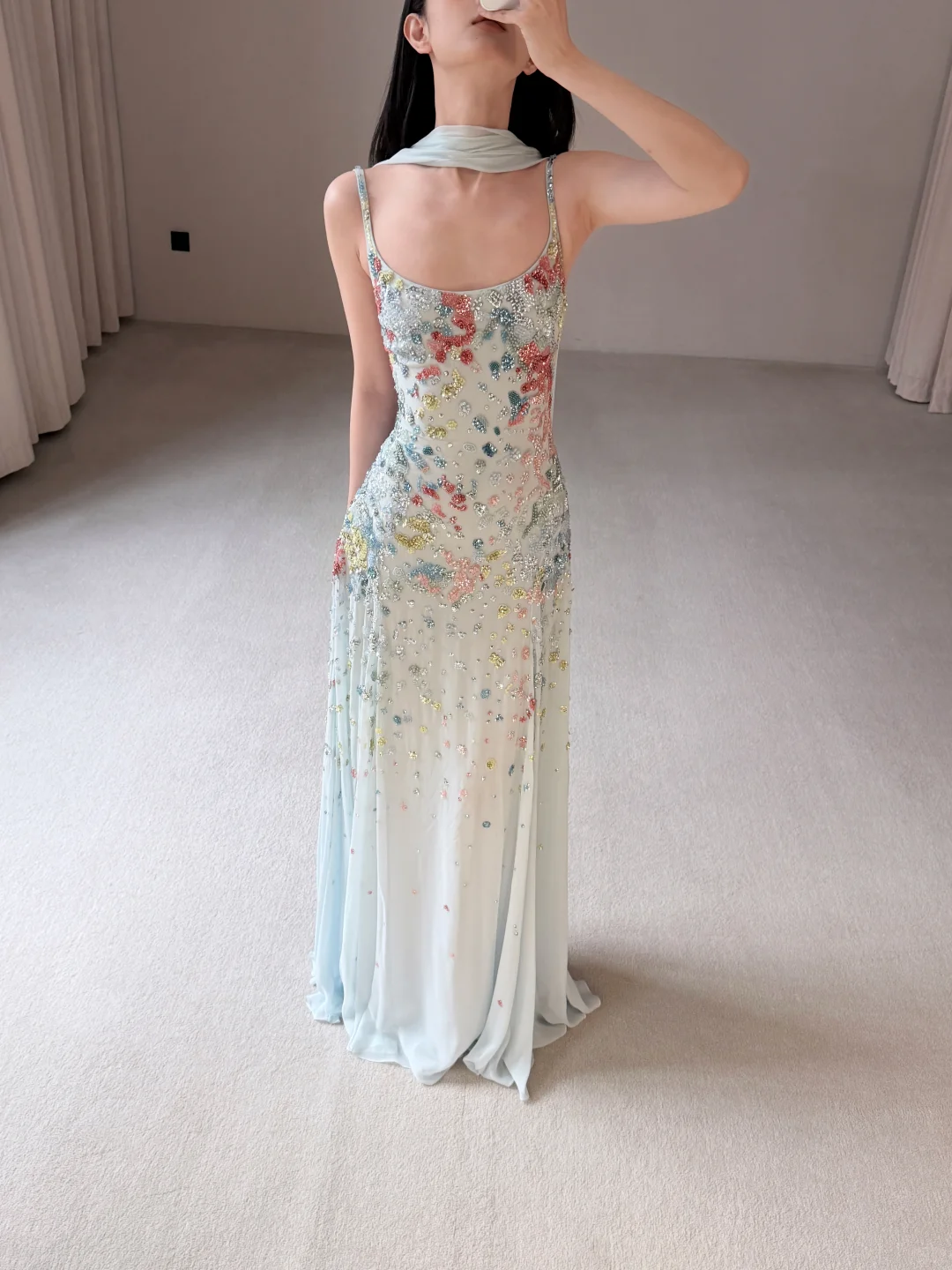 Ethereal Baby Blue A Line Spaghetti Strap Beaded Chiffon Long Prom Dress Evening Dress SH7707