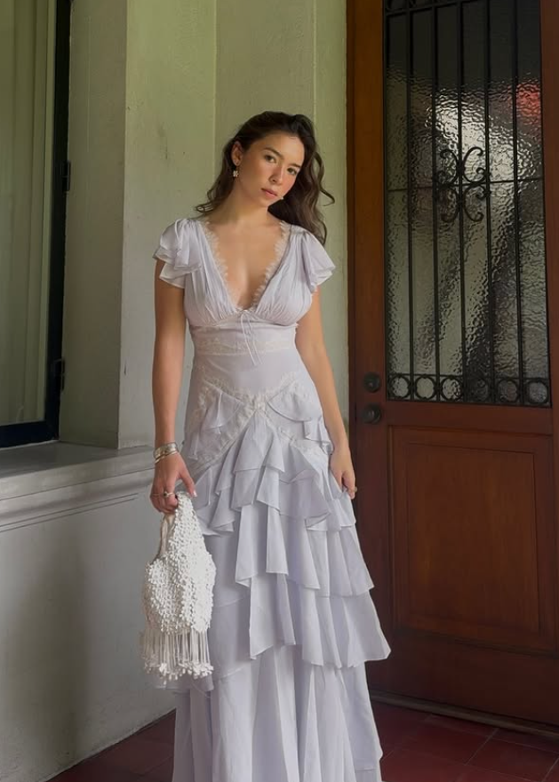 Light Purple A Line V Neck Layered Chiffon Long Prom Dress Outfits SH5494