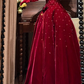 Luxurious Burgundy A Line Strapless Shiny Beaded Velvet Prom Dress SH5651