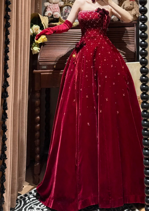 Luxurious Burgundy A Line Strapless Shiny Beaded Velvet Prom Dress SH5651