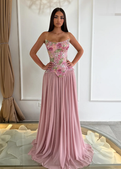 Sweety Pink A Line Strapless Exquisite Embroidery Floral Chiffon Long Prom Dress Evening Dress SH7297